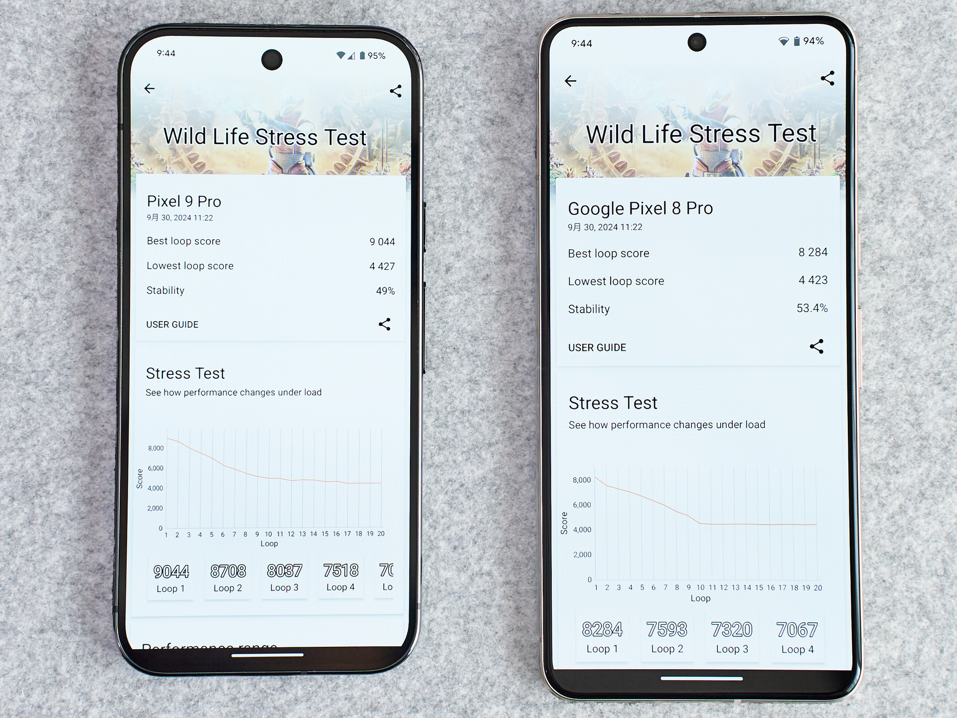 Pixel 9 Pro 8 Pro3DMark Wild Life Stress Test 比較